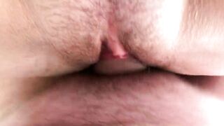 Cum Together. Wife Got an Orgasm First, then I Cum in her Hairy Pussy. Close-Up.