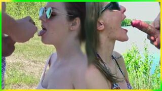 My two girlfriends take turns giving a blowjob outdoors