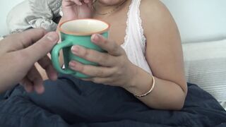 stepson visits stepmom in her bed to bring her coffee and touches her