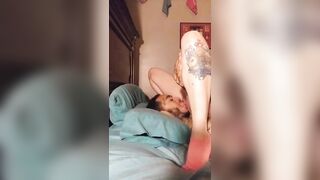 Tattooed white chick rides husbands face blind folded until she cums