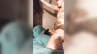 Tattooed white chick rides husbands face blind folded until she cums