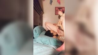 Tattooed white chick rides husbands face blind folded until she cums