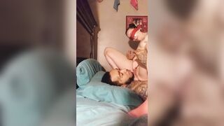 Tattooed white chick rides husbands face blind folded until she cums