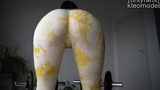 Sexy girl in tight leggings is working out and masturbating.