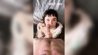 Thick Tattooed Brunette On Her Knees Sucking Big White Cock for Huge Facial