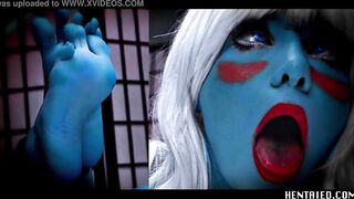 Blue Alien cosplay - Jerk off instruction - tied up - feet pose - bukkaked heavily