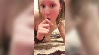 Tall Blonde MILF Spits on Glass Dildo and Plays with Tits