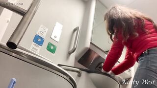 Extreme on the train. Teen girl took off her panties and pee in public. Risky peeing