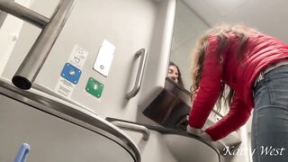 Extreme on the train. Teen girl took off her panties and pee in public. Risky peeing