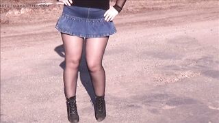 Jeans skirt and black pantyhose-Sexy walk big ass