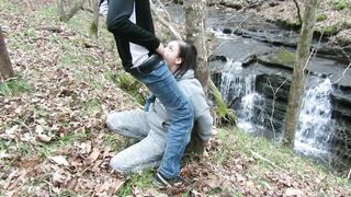 Handcuffed to a tree and deepthroat facefucked