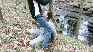 Handcuffed to a tree and deepthroat facefucked