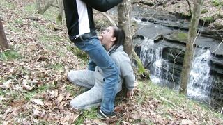 Handcuffed to a tree and deepthroat facefucked