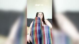 Busty MILF masturbating on couch pigtails pink pussy tight holes fingering horny natural big boobs