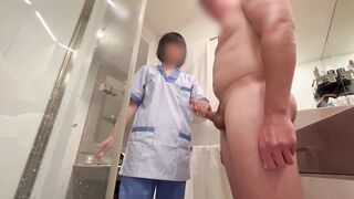 I surprise the cleaning girl from the hotel room service and she helps me finish cumming with a handjob in the bathroom