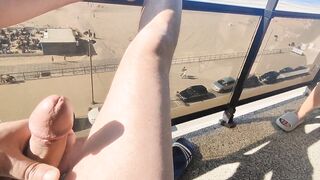 Real couple,real wife exhibition big tits and cock on balcony. Public blowjob before fucking