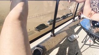 Real couple,real wife exhibition big tits and cock on balcony. Public blowjob before fucking