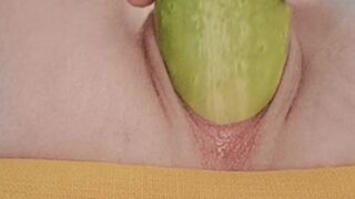 Stretching my wet pussy with a super size pickle, wide wet pussy