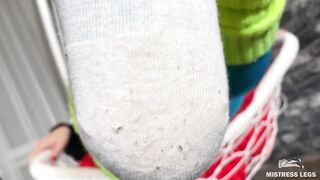 Mistress foot teasing you in hanging chair in white dirty socks and blue tights